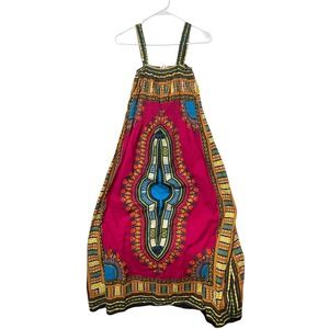 Pink Dashiki Maxi Dress Smocked Tribal African Print Sleeveless Pink Blue 52in